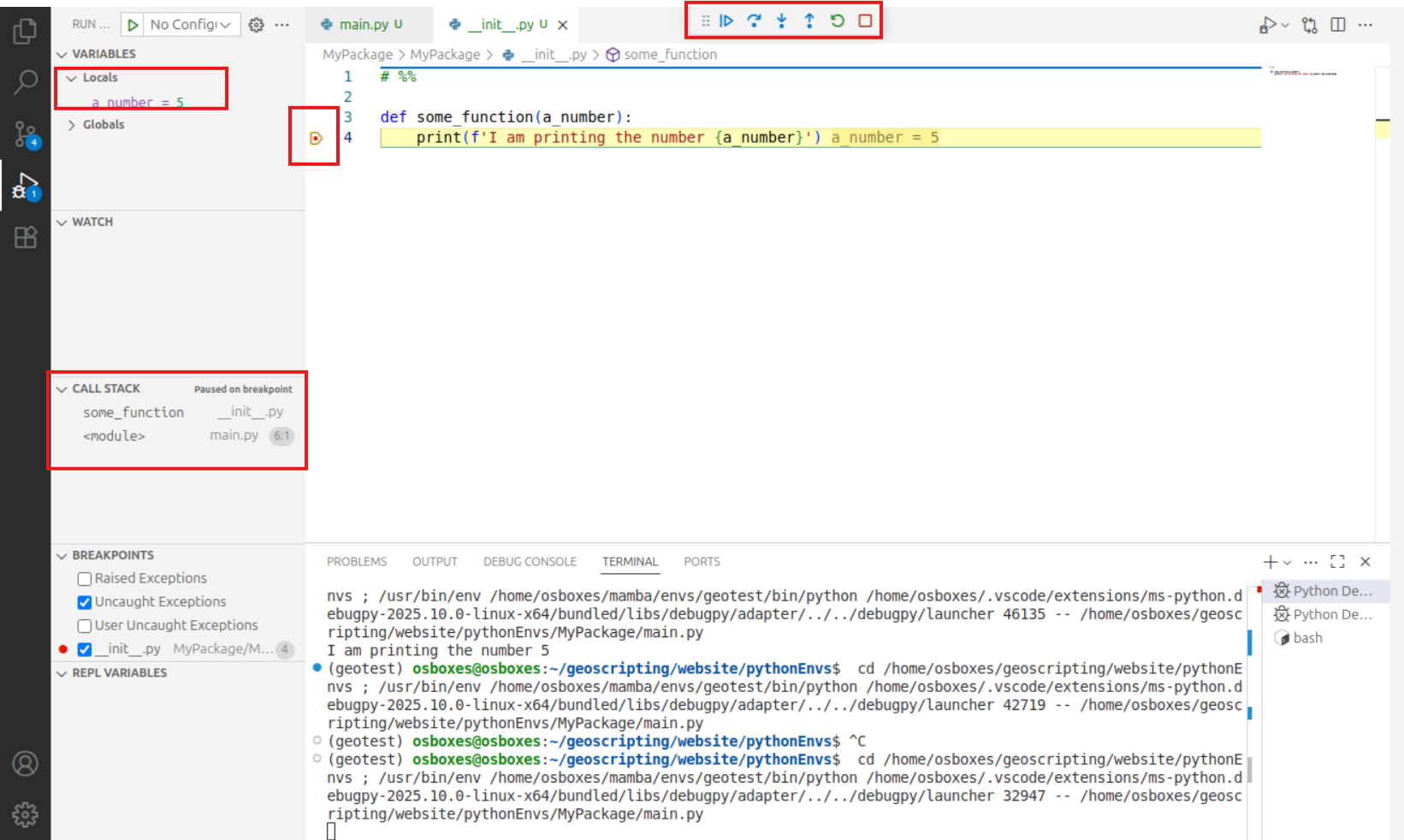 The debugger in VSCode