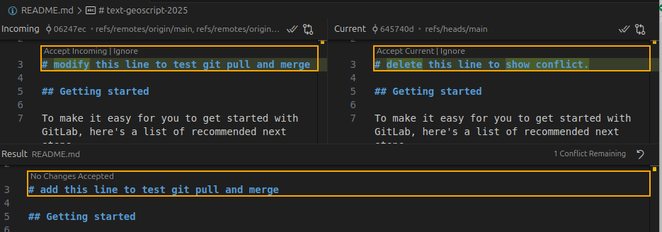 Source Control panel, 3 way merge editor